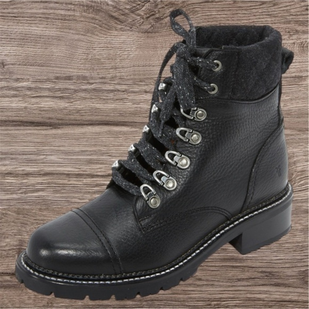 ✨NEW In BOX FRYE Samantha Hiker Black Leather Lace-up Lug Sole 8.5 boots - Picture 3 of 9
